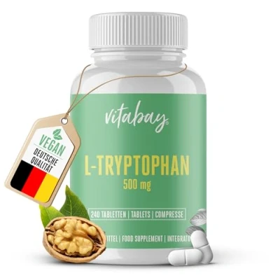 Abbildung von Vitabay L Tryptophan Hochdosiert 500mg 240 Tabletten Vegan &amp; Laborgeprüft Triptofan Ltrypthophan ohne unerwünschte Zusatzstoffe