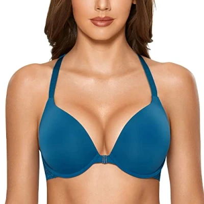 Abbildung von DOBREVA Damen Vorderverschluss Push Up BH mit Bügel Soft T Shirt Tiefen Ausschnitt BHS Neckholder Gepolsterter Schattenblau 80E