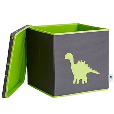 Abbildung von LOVE IT STORE Aufbewahrungsbox mit Deckel Kallax Einsatz aus Stoff Quadratisch Stabil Holzverstärkt Grau grünem Dino 33x33x33 cm