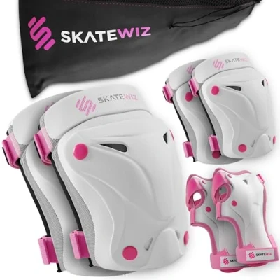 Abbildung von SKATEWIZ Knieschoner Kinder, Schoner Inliner Kinder Protektoren Schützer Knieschützer Schlittschuhe Pink White Größe S