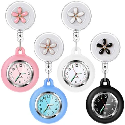 Abbildung von Vintoney Krankenschwester Uhr, 4er Krankenschwesteruhr Schwesternuhr Taschenuhren für Damen Pflegeuhr Taschenuhr Ansteckuhr Zeiger mit Leuchtend im Dunkeln Dehnbare Silikon Hülle