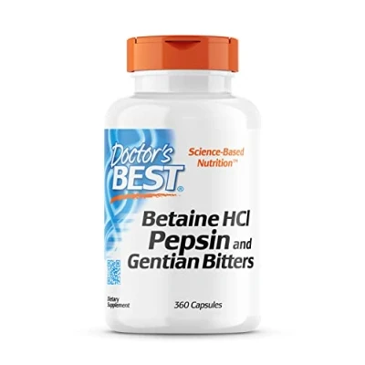Abbildung von Doctor&#039;s Best, Betain HCl (Betain Hydrochlorid) mit Pepsin und Bitterstoffe aus Enzian, 650mg, 360 Weichkapseln, Hochdosiert, Laborgeprüft, Sojafrei, Glutenfrei, Ohne Gentechnik