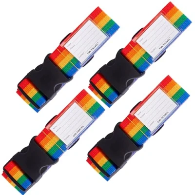 Abbildung von OW Travel Kofferband Gurt Schwerlast Personalisierter Koffergurt mit Adressschild: Luggage Strap Koffer Gurte Gepäckgurt Band Koffergurte farbig 4 Stück Regenbogen