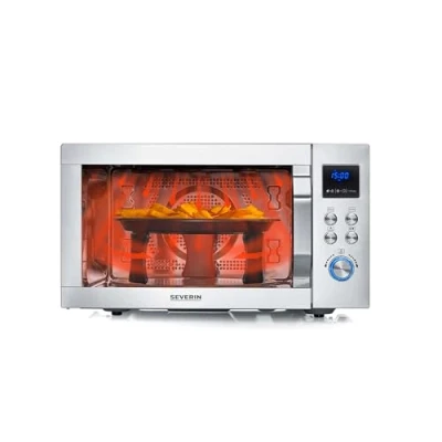 Abbildung von SEVERIN 4 in 1 Mikrowelle „Crispy Wave“, Heißluft Funktion bis 230C, Heißluftfritteuse, Mikrowelle, Backofen &amp; Grill, 95 min Timer, max. 2150 W Leistung, 25L, Silber/Edelstahl, MW 7982