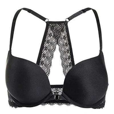 Abbildung von DOBREVA Damen Vorderverschluss Push Up BH mit Bügel Soft T Shirt Tiefen Ausschnitt BHS Neckholder Gepolsterter Schwarz 85B