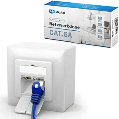 Abbildung von hb digital 1x CAT 6a Netzwerkdose für CAT.8 CAT.7 CAT.6A CAT.6 CAT.5 Verlegekabel mit 2X RJ45 Port Aufputz Unterputz Datendose Universal EIA/TIA 568AB 8P8C Gigabit Ethernet RAL9003 Signalweiß