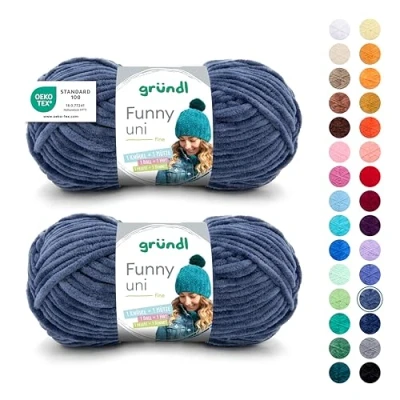 Abbildung von Gründl Wolle Funny uni, weiches Chneillegarn zum Stricken und Häkeln aus 100% Polyester, 2 Knäuel (100 g/ 120 m, Nadelstärke: 5 6), Jeans
