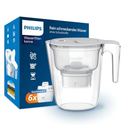 Abbildung von Philips Water Wasserfilterkanne +6 Micro X Clean Ersatzfilterkartuschen, schneller Durchfluss, Weiß, 2,6 Liter, elektronischer Timer