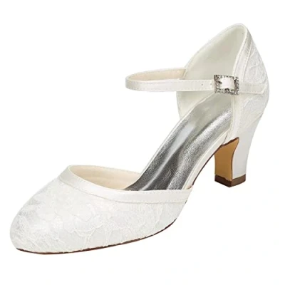 Abbildung von Emily Bridal Brautschuhe Damen Spitze Satin Stiletto Pumps Sandalen, 39 EU, Ivory