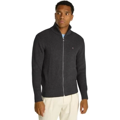 Abbildung von Tommy Hilfiger Herren Strickjacke Cardigan mit Reißverschluss Rib Zip Through Baumwolle, Grau (Dark Grey Heather), S