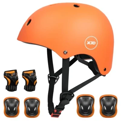 Abbildung von XJD Fahrradhelm Kinder Schoner Set(7er) Helm mit Knie &amp; Ellenbogen Handgelenkschützer Verstellbarer Schutz Jugend Skaterhelm für 3 13 Jahre Alt (Orange Set, S: 51 54 cm)