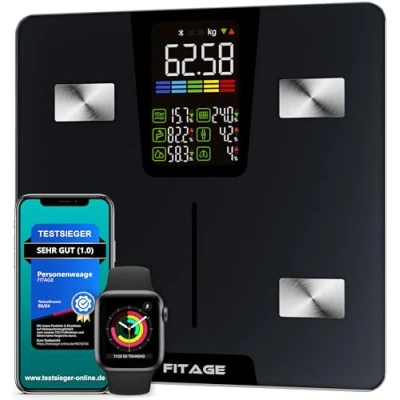 Abbildung von FITAGE Personenwaage digital Testsieger 2024, Körperwaage bis 225kg, Körperfettwaage mit 17 Körpermesswerten, Körperanalyse App, Waage Körperfett und Muskelmasse großem LED Display