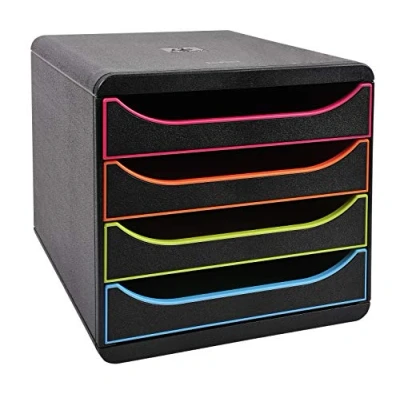 Abbildung von Exacompta 310914D Premium Ablagebox mit 4 Schubladen für DIN A4+ Dokumente. Belastbare Schubladenbox hoher Kapazität mehr Platz auf dem Schreibtisch Big Box Black Office SchwarzBunt