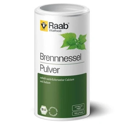 Abbildung von Raab Vitalfood Bio Brennnessel Pulver mit natürlichem Calcium, Magnesium und Kalium, laborgeprüft, für Smoothies Müsli, 160 g, Grün