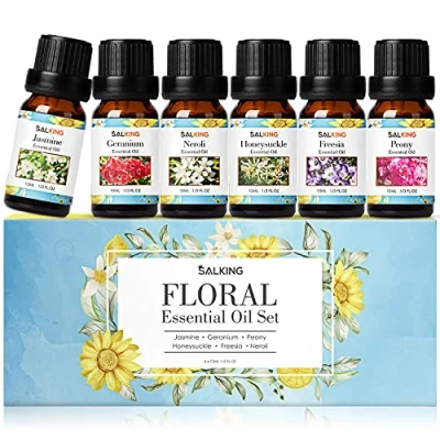 Abbildung von SALKING Blume Ätherische Öle Set, Aromatherapie Duftöl GeschenkSet, 100% für Diffuser Duftlampen Luftbefeuchter, Massage, 6 x 10 ml (Jasmin,Geranie,Orangenblüte Geißblatt, Freesie, Pfingstrose)