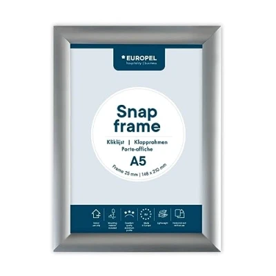 Abbildung von EUROPEL Klapprahmen A5 mit 25 mm Aluminium Profil aufklappbarer Plakatrahmen Gehrungsecke Schnapprahmen für u.a. Poster, Zertifikate, Fotos &amp; Werbemittel Silber