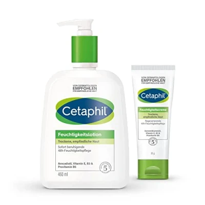 Abbildung von CETAPHIL Feuchtigkeitslotion, 460ml und Feuchtigkeitscreme, 85g, Für trockene, empfindliche Haut an Körper Gesicht, Spendet intensiv 48h Feuchtigkeit, Klinisch getestet bei empfindlicher