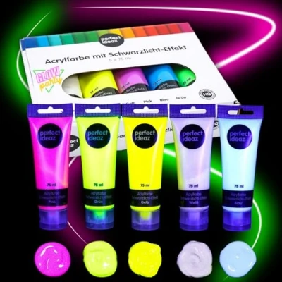 Abbildung von perfect ideaz 5 x 75 ml Schwarz Licht Acryl Farbe, hoher Anteil an Leucht Pigmenten, fluoreszierende Farbe