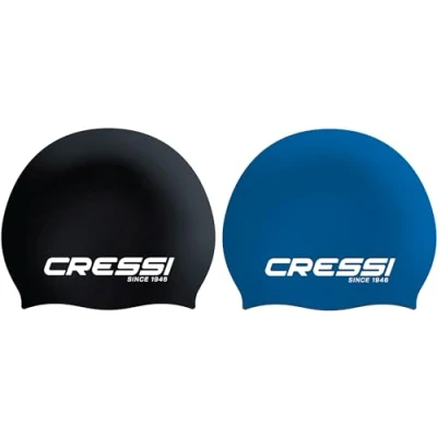 Abbildung von CRESSI Eddie Swim Cap Bundle Zwei Unisex Badekappen, Schwarz/Weiß + Blau/Weiß, Einheitsgröße