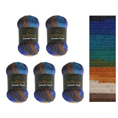 Abbildung von Wollbiene Summer Touch Batik 5 x 100 Gramm Wolle Mehrfarbig mit Farbverlauf, 500 merzerisierte Strickwolle Microfiber Acryl (512 türkis braun orange)