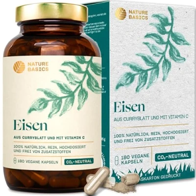 Abbildung von Nature Basics® natürliches Eisen zertifiziert &amp; nachhaltig im Glas 180 Kapseln hochdosiert 14mg 80mg Vitamin C pro Kapsel rein aus Curryblatt Hagebutte ohne Zusatzstoffe DE