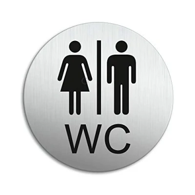 Abbildung von WC Schild Damen Herren Toilettenschild Ø 100 mm Aluminium vertikal gebürstet Edelstahloptik selbstklebend 53203 K