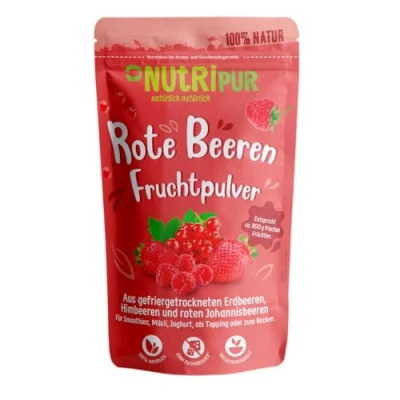 Abbildung von Rote Beeren Fruchtpulver: 100g Himbeeren, Johannisbeeren und Erdbeeren gefriergetrocknet Getrocknete Früchte ohne Zucker Zusatz, ungesiebt Smoothie Bowl, Pulver Topping von NutriPur