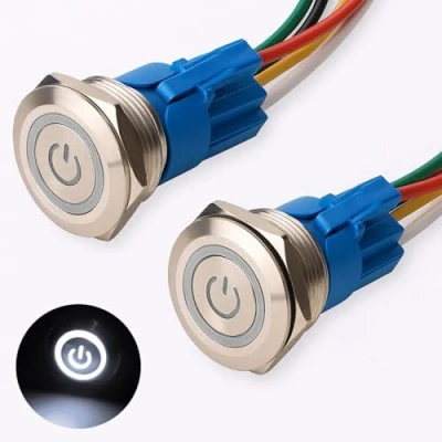 Abbildung von Gebildet 2Stücke 22mm Edelstahl Latching Drucktastenschalter 12V 24V 5A Power Symbol LED 1NO1NC SPDT ON Off Wasserdichter Kippschalter mit Steckdose Stecker (Weiß LED)