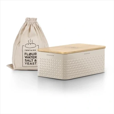 Abbildung von LARS NYSØM Brotkasten I Brotbox aus Metall mit Brotsack Leinen für langanhaltende Frische Brotdose hochwertigem Bambusdeckel verwendbar als Schneidebrett 34x18,5x13,5cm (Taupe Brown)