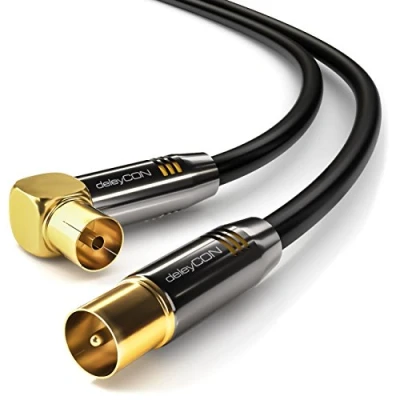 Abbildung von deleyCON 2m TV Antennenkabel HDTV Full HD 1x gewinkelt Koaxialkabel Stecker (gerade) zu Buchse (90 Grad) Metallstecker Schwarz