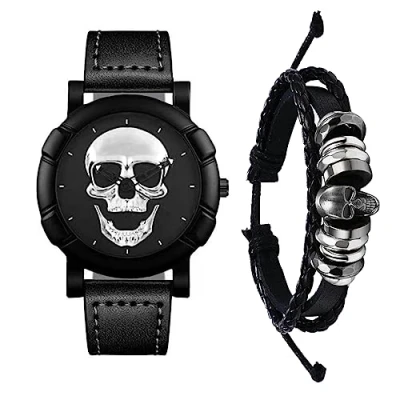 Abbildung von Silverora 2pcs Totenkopf Herrenuhr Lederarmband Set 2 Stücke Silber Schädel Analog Quarz Uhr Armkette Halloween Steampunk Gotic Verstellbar Leder Armbanduhr Armreif Geschenke für Männer Schwarz