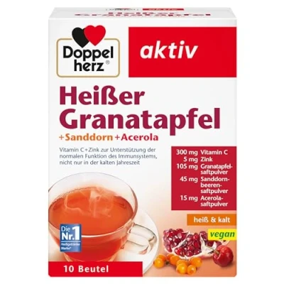 Abbildung von Doppelherz Heißer Granatapfel Sanddorn Acerola Vitamin C und Zink zur Unterstützung der normalen Funktion des Immunsystems heiß kalt vegan 10 Beutel