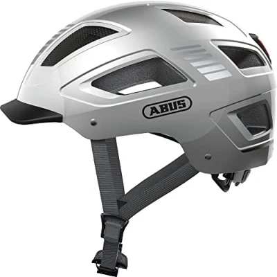 Abbildung von ABUS Fahrradhelm mit Licht Hyban 2.0 LED Vorder und Rücklicht &amp; robuste Hartschale für Damen Herren Silber Glänzend, Größe M