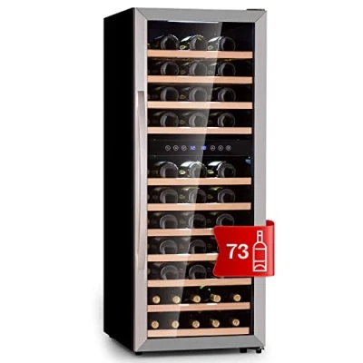 Abbildung von Klarstein Weinkühlschrank, Getränkekühlschrank Schmal, Kühlschrank mit Glastür, Getränkekühlschränke Freistehend, Weinkühlschrank Klein, Weinkühlschränke 2 Zonen, LED Beleuchtung, 5 18 C, 73 Flaschen