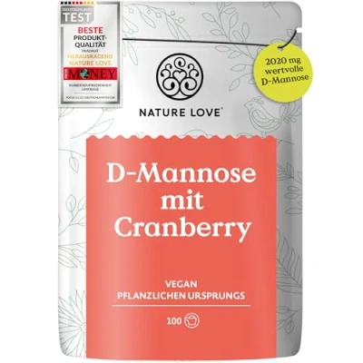 Abbildung von NATURE LOVE® D Mannose Pulver mit Cranberry 250 Gramm zum Auflösen in Wasser 100 Tage Reichweite Dosierlöffel hochdosiert, vegan, laborgeprüft &amp; Deutschland produziert