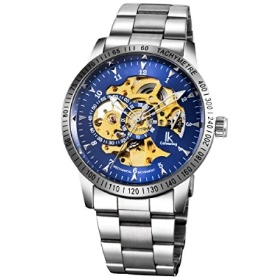 Abbildung von Alienwork IK Automatikuhr Armbanduhr Herren Damen Silber Edelstahl Metallarmband Blau Skelett