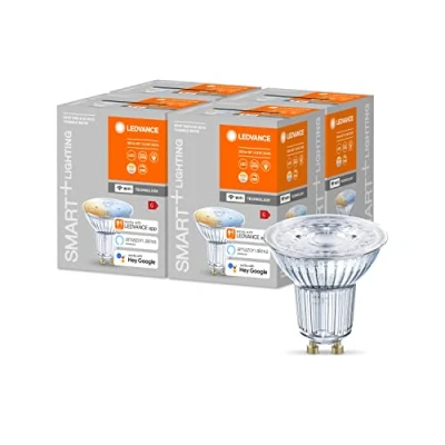Abbildung von LEDVANCE Smarte LED Reflektorlampe mit WiFi Technologie, Sockel GU10, Lichtfarbe änderbar (2700 6500K), Dimmbar, ersetzt Reflektorlampen 40 W, SMART+ SPOT GU10 Tunable White, 4er Pack