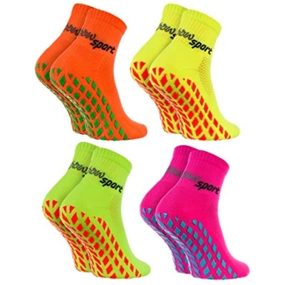 Abbildung von Rainbow Socks Neo ABS Sport Damen Herren Neon Sneaker Stopper Socken 4 Paar Orange Grün Gelb Rosa Größen 39 41