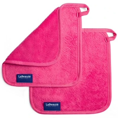 Abbildung von LaBeauté Abschminktücher Mikrofaser (2 Stück, 21x21 cm) waschbar und wiederverwendbar, Make Up Entferner Pads, Microfaser Abschminkpads, zum Gesicht Abschminken &amp; Gesichtsreinigung (pink)