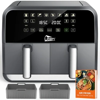 Abbildung von Uten Doppel Heißluftfritteuse, 8L Heißluftfritteuse Dual Zone, XXL Airfryer mit 2 Kammern, Silikonpads, 114 Rezepte, Digitalanzeige SYNC FINISH, Shake Erinnerung, Spülmaschinenfest