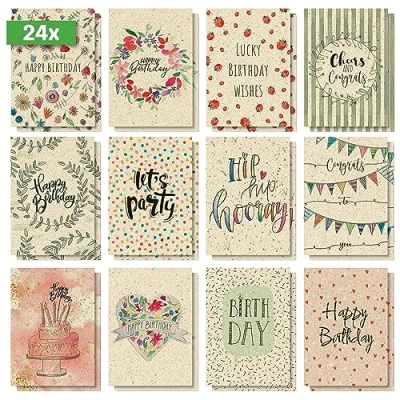 Abbildung von SIGEL DS702 Geburtstags Postkarten Set, 24 Stück, &quot;Happy Grassy Birthday&quot;, A6, 12 unterschiedliche Geburtstagskarten aus nachhaltigem Graskarton, Papier