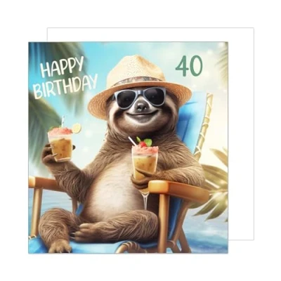 Abbildung von Edition Seidel Premium quadratische Glückwunschkarte zum 40. Geburtstag mit Umschlag. Geburtstagskarte Happy Birthday Billet Karte für Mann Frau Freund Freundin Faultier Drink lustig (GQ390 SW025)