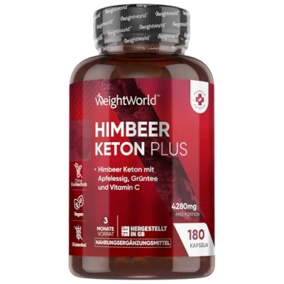 Abbildung von Raspberry Ketone Plus 180 Exogene Kapseln 4280mg pro Tag mit Vitamin C, Apfelessig, Acai Pulver, Apfelpektin, Grüner Tee 3 Monate Vorrat Himbeer Superfoods WeightWorld