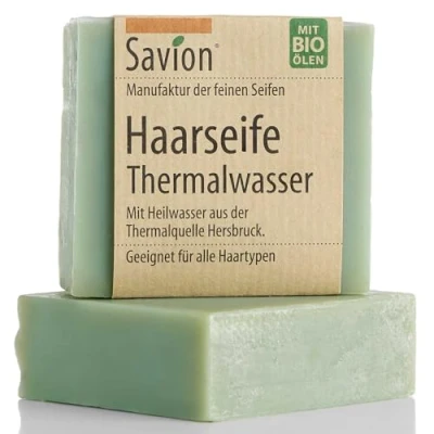 Abbildung von Savion Haarseife mit Thermalwasser Naturkosmetik Für alle Haartypen Vegan Palmölfrei Bio Heilwasser glänzendes und kräftiges Haar 85g
