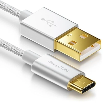 Abbildung von deleyCON 2m USB C Kabel Ladekabel Datenkabel Nylon + Metallstecker auf A Kompatibel mit Apple Samsung Google Huawei Xiaomi Tablet Laptop PC Silber