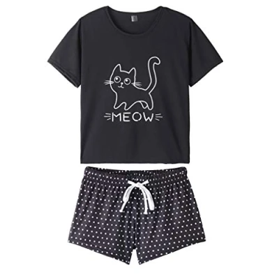 Abbildung von MyFav Damen Pyjamas Schlafanzug Bequem Stilvoll Katze Cartoon gedruckt Nachtwäsche, Schwarz, Medium