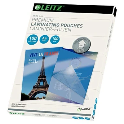 Abbildung von Leitz Heißlaminierfolien A4 100 mic, Laminierfolien in Premium Qualität im 100er Pack, Glänzend, Transparent, Vereinfachtes Einlegen durch UDT, iLAM, 74800000