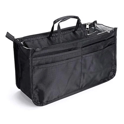 Abbildung von IGNPION Bedruckter Einsatz Handtasche Geldbörse Organizer 13 Taschen erweiterbar Liner Bag Pouch Reißverschluss Tote Wickeltasche mit Griff (29x16x9cm) (schwarz)