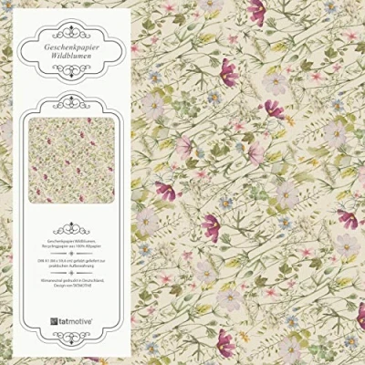 Abbildung von Wildblumen Geschenkpapier Geburtstag Blumen floral 10 Bogen 84 x 59 cm, Öko Recycling Papier nachhaltig gedruckt Vintage