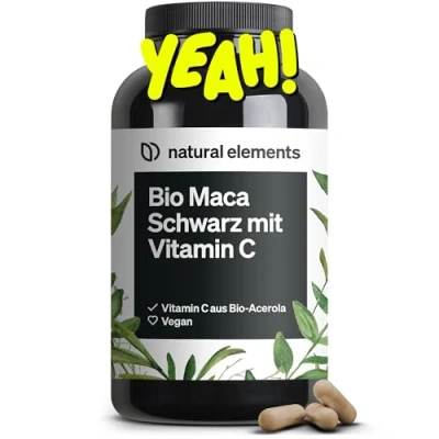 Abbildung von Bio Maca Schwarz 180 Kapseln 3000mg je Tagesdosis (entspricht 12.000mg Wurzel) mit natürlichem Vitamin C ohne Magnesiumstearat biozertifiziert, hochdosiert, vegan, laborgeprüft